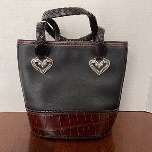 Brighton Mini Tote Black Leather Brown Croc Embossed Trim Silver Hearts
